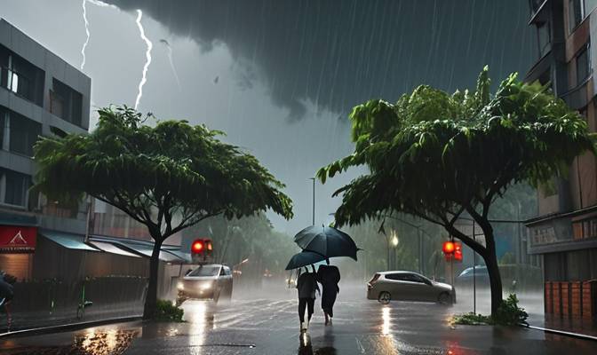 街に激しい雨と雷が光っている様子