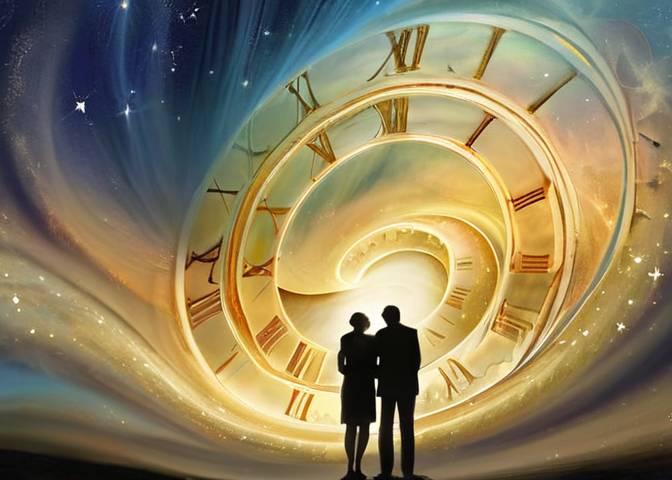 寄り添った夫婦のシルエットと時間の経過をイメージする幻想的なイラスト