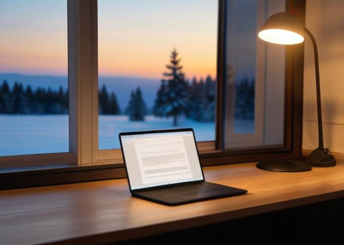 冬の景色が見える窓のそばでパソコンを開いているイラスト