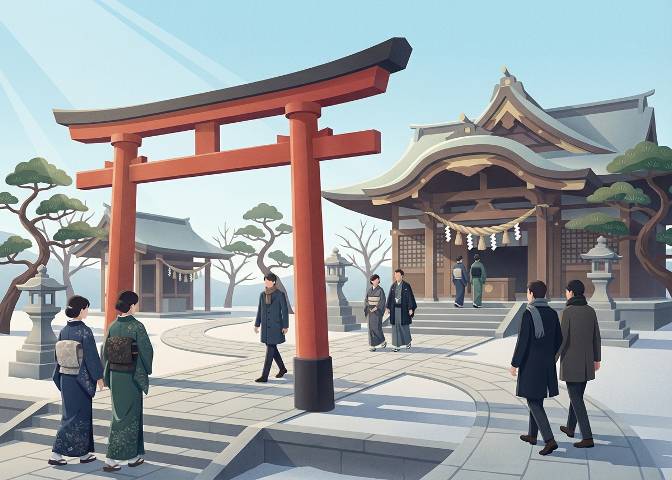 初詣で神社に参拝する風景のイラスト
